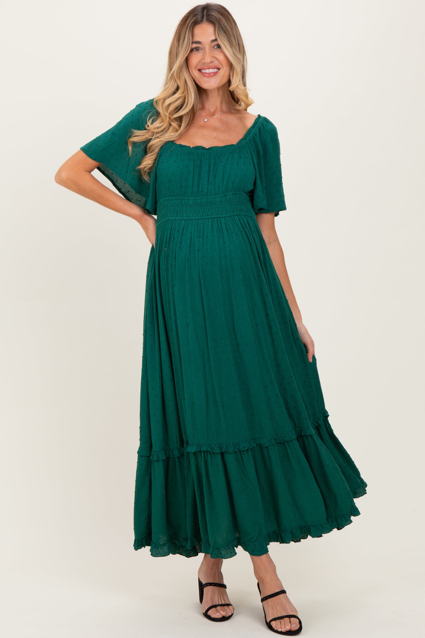 Forest Green Swiss Dot Ruffle Trim Maternity Maxi Dress PinkBlush Forest Green Swiss Dot Ruffle Trim Maternity Maxi Dress PinkBlush