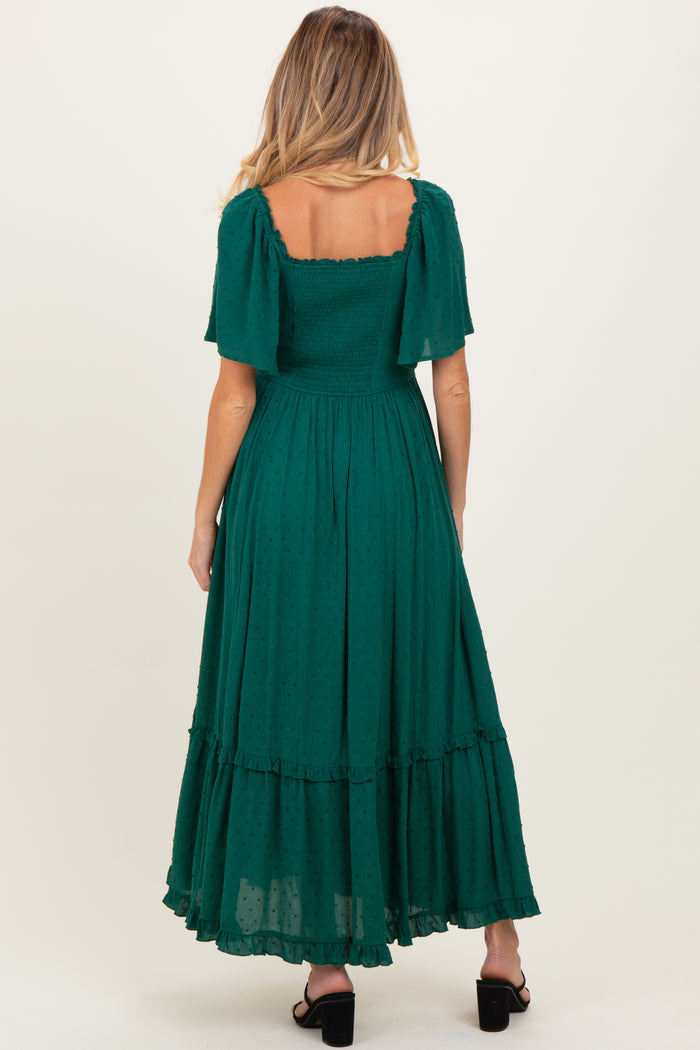 Forest Green Swiss Dot Ruffle Trim Maternity Maxi Dress