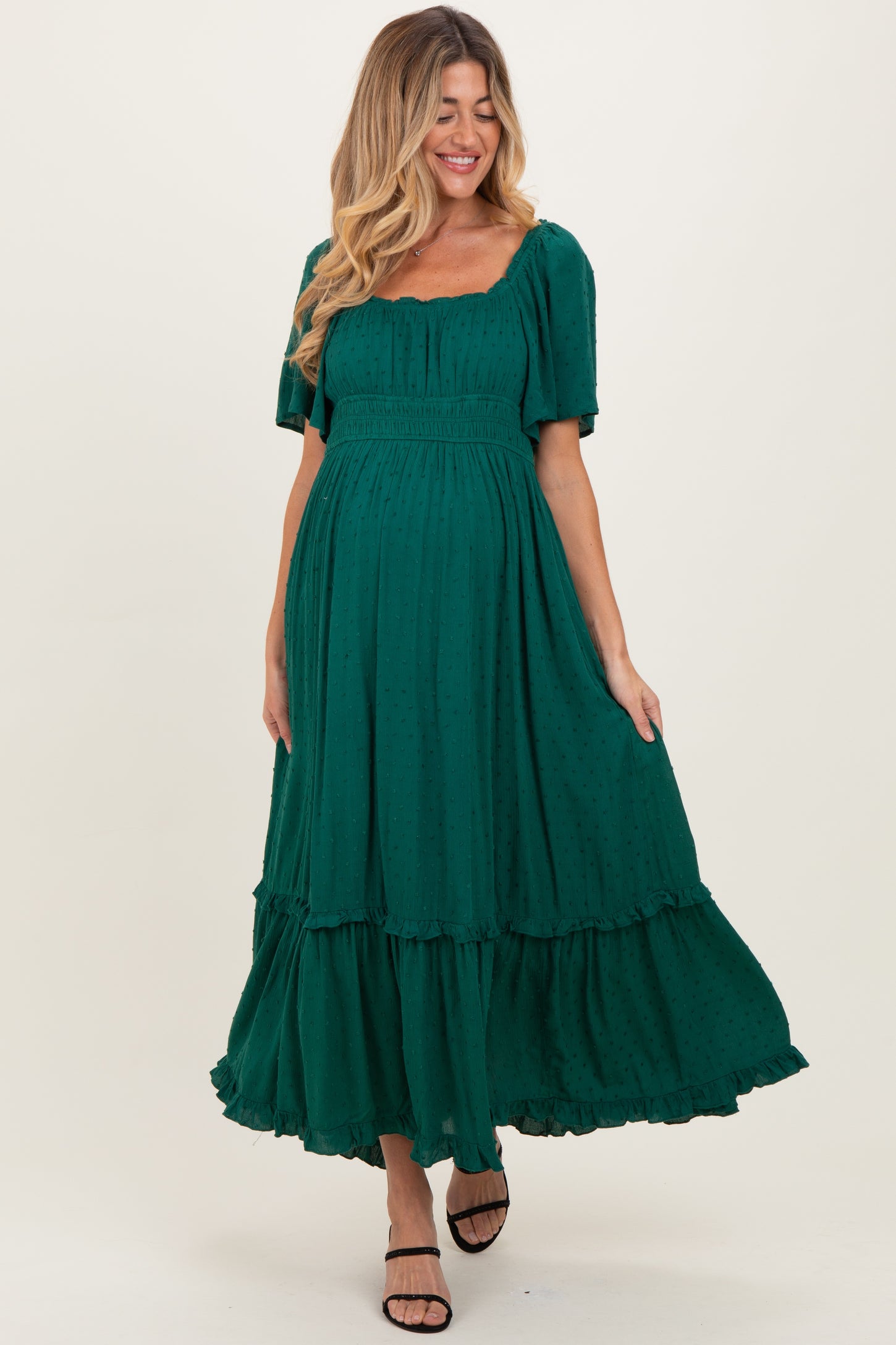 Forest Green Swiss Dot Ruffle Trim Maternity Maxi Dress PinkBlush Forest Green Swiss Dot Ruffle Trim Maternity Maxi Dress PinkBlush