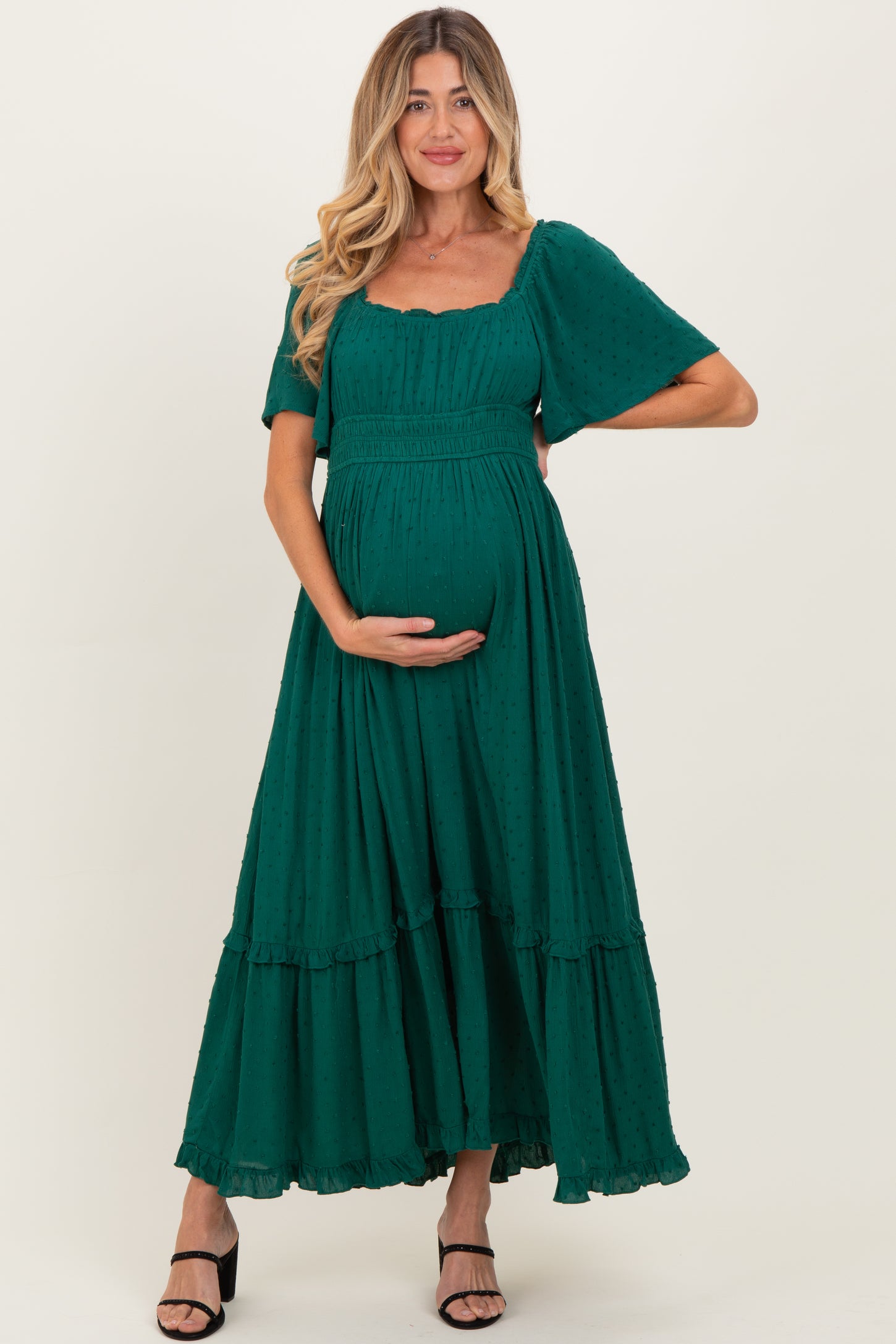 Forest Green Swiss Dot Ruffle Trim Maternity Maxi Dress PinkBlush Forest Green Swiss Dot Ruffle Trim Maternity Maxi Dress PinkBlush