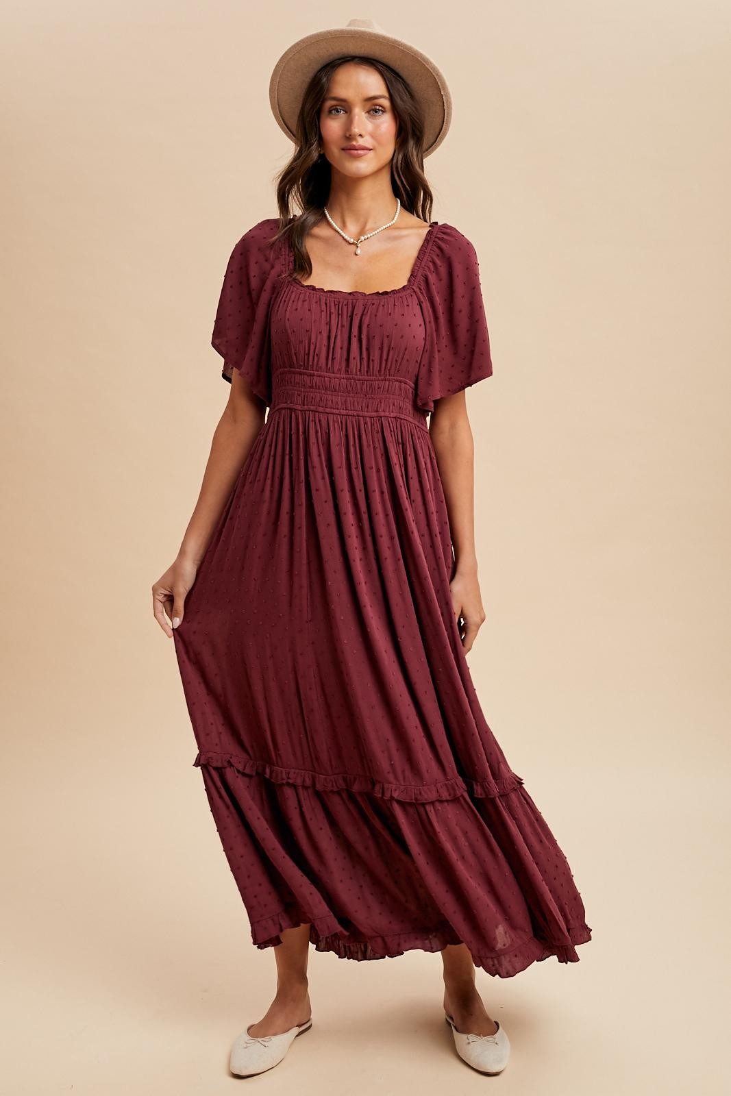 blue dress for baby girl Burgundy Swiss Dot Ruffle Trim Maxi Dress – PinkBlush