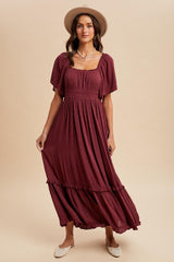 Burgundy Swiss Dot Ruffle Trim Maternity Maxi Dress