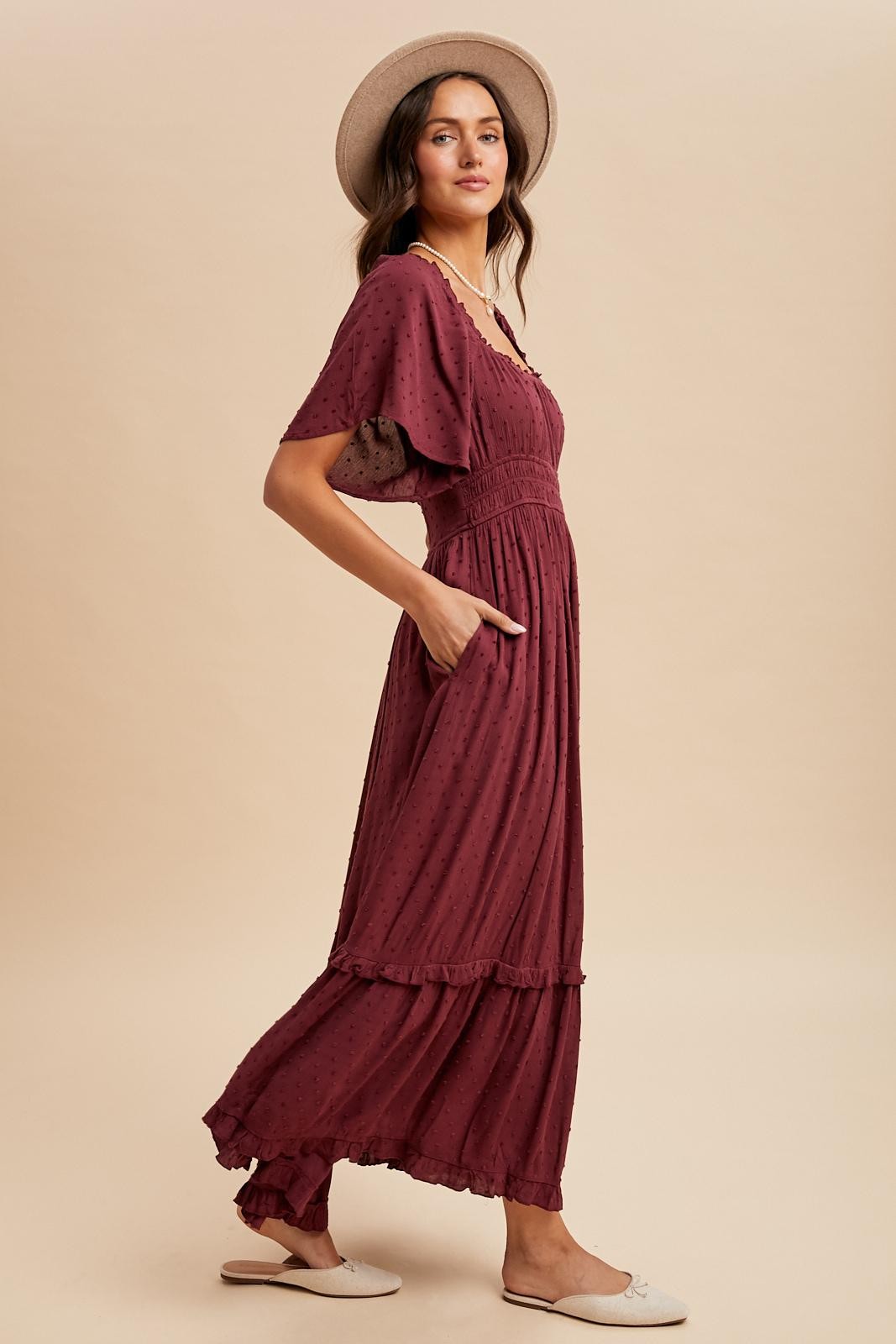 Burgundy Swiss Dot Ruffle Trim Maxi Dress – PinkBlush