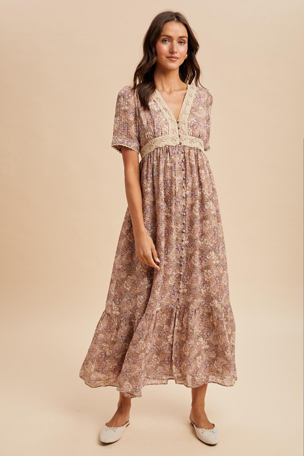Mauve Floral Lace Detail Button Down Maternity Maxi Dress