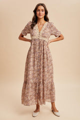 Mauve Floral Lace Detail Button Down Maxi Dress