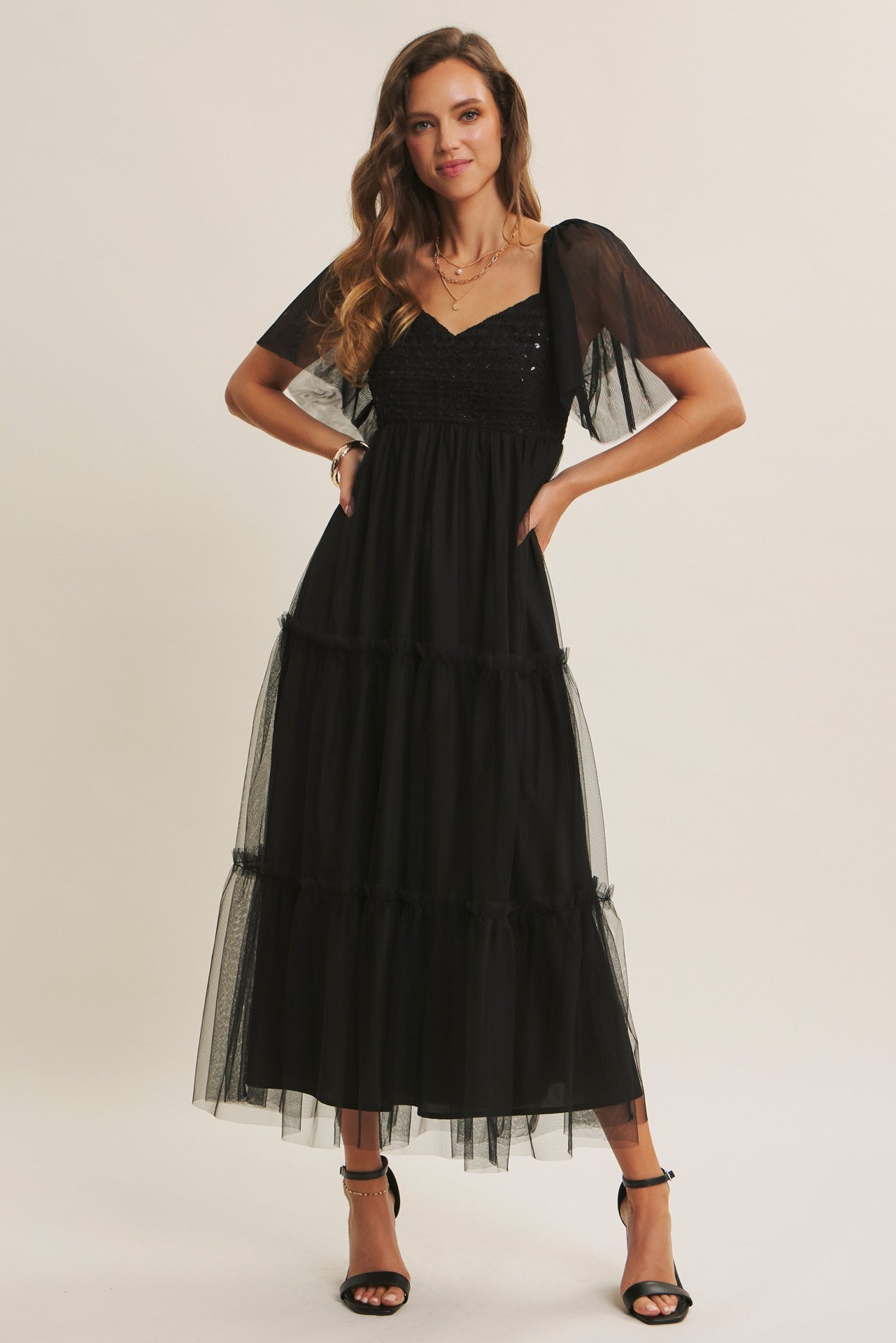 Black Sequin Bodice Tulle Tiered Midi Dress PinkBlush Black Sequin Bodice Tulle Tiered Midi Dress PinkBlush