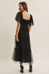 Black Sequin Bodice Tulle Tiered Midi Dress
