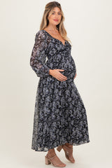 Black Floral Chiffon Twisted Front Maternity Midi Dress