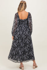 Black Floral Chiffon Twisted Front Maternity Midi Dress