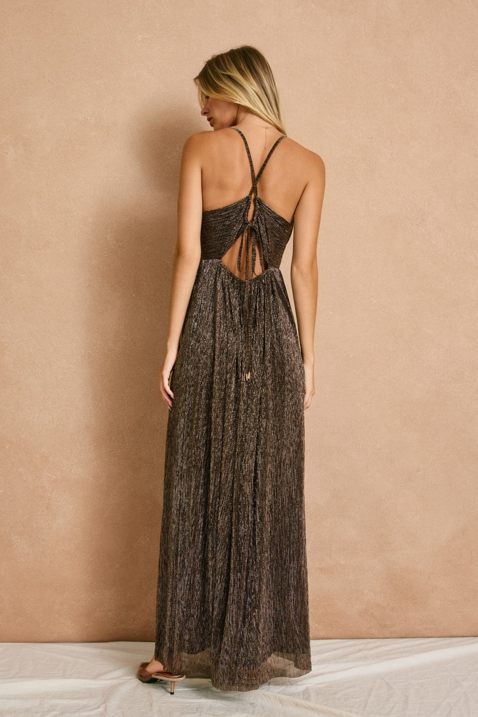 Brown Shimmer Open Tie Back Maxi Dress PinkBlush Brown Shimmer Open Tie Back Maxi Dress PinkBlush
