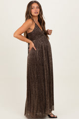 Brown Shimmer Open Tie Back Maternity Maxi Dress