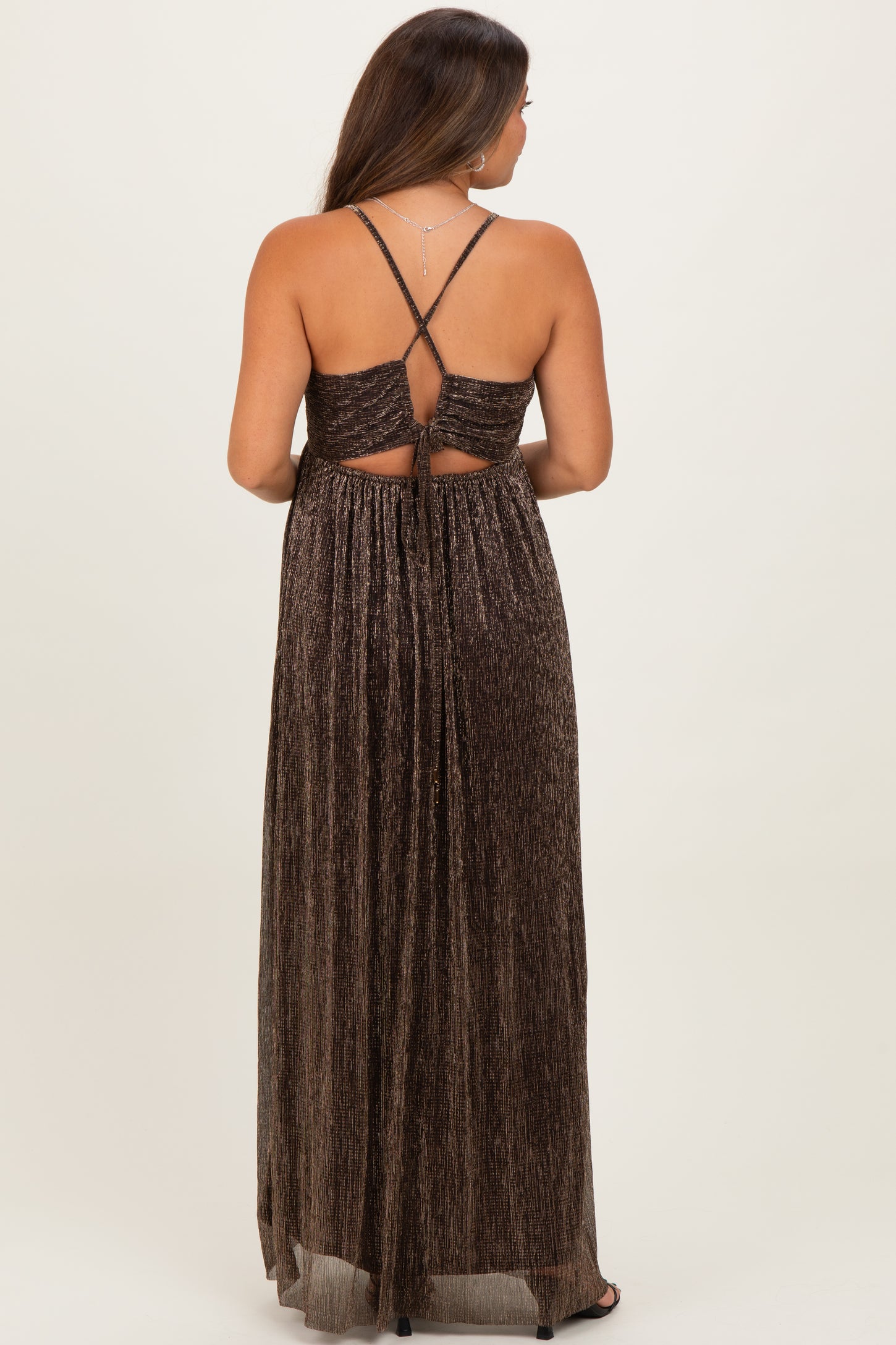 Brown Shimmer Open Tie Back Maternity Maxi Dress