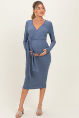 Denim Blue Ribbed Long Sleeve Maternity Wrap Dress