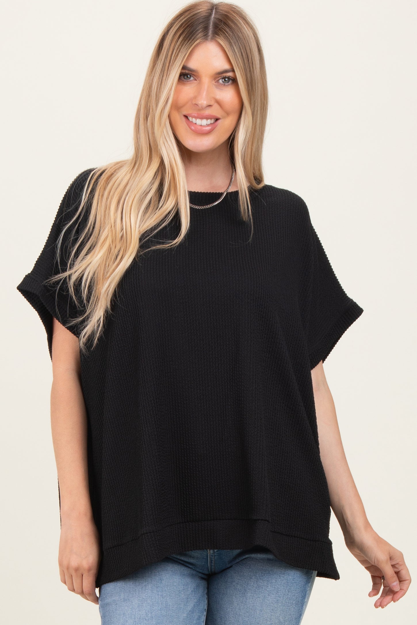 Black Solid Ribbed Short Sleeve Oversized Maternity Tunic Top