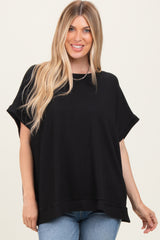 Black Solid Ribbed Short Sleeve Oversized Maternity Tunic Top