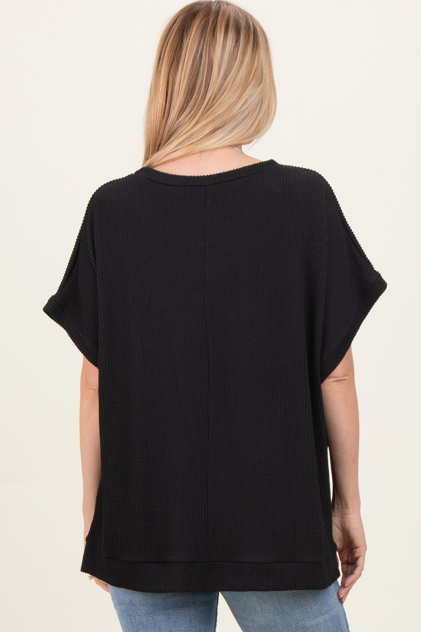 Black Solid Ribbed Short Sleeve Oversized Tunic Top