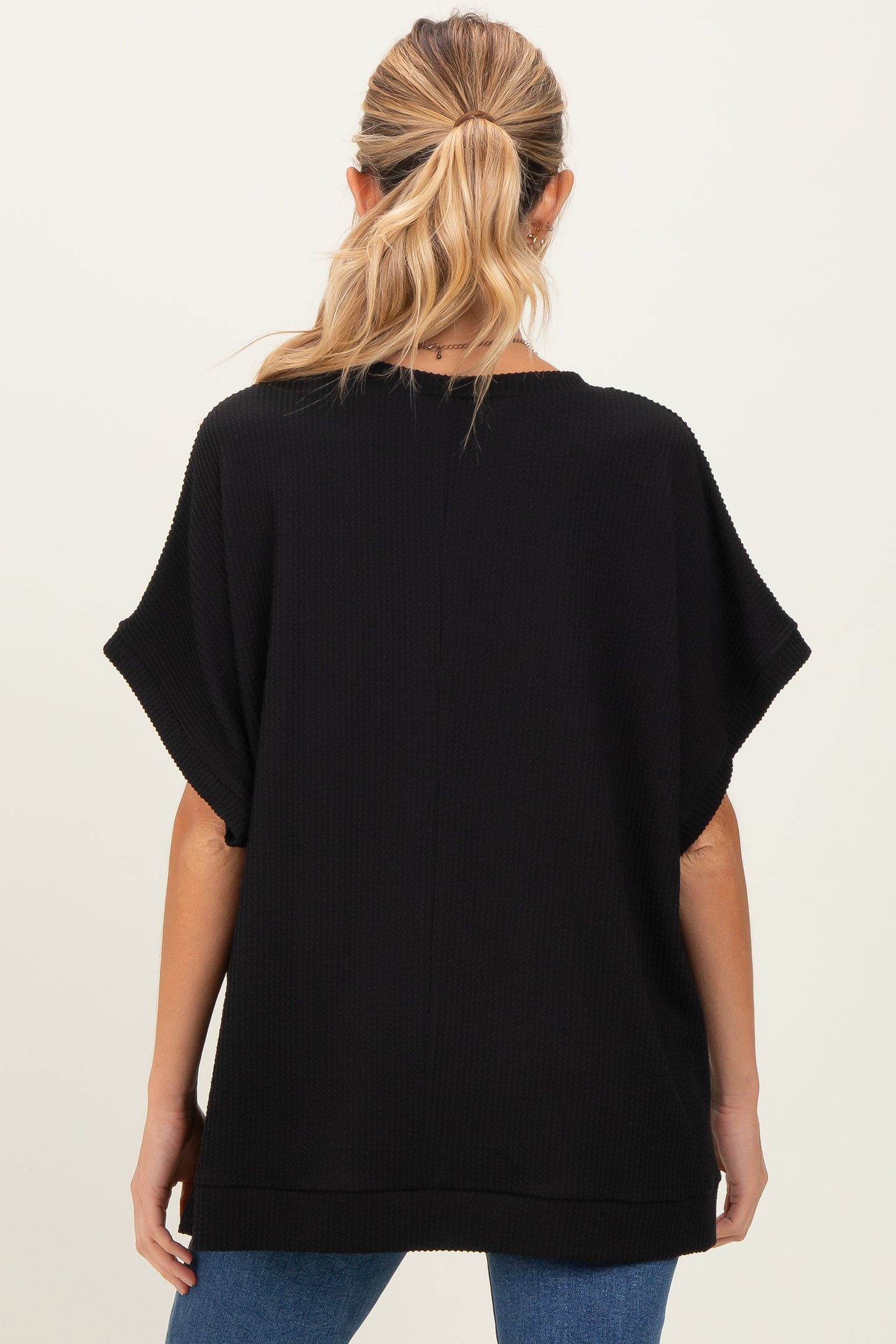 Black Solid Ribbed Short Sleeve Oversized Maternity Tunic Top