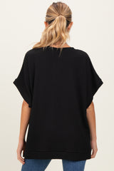 Black Solid Ribbed Short Sleeve Oversized Maternity Tunic Top