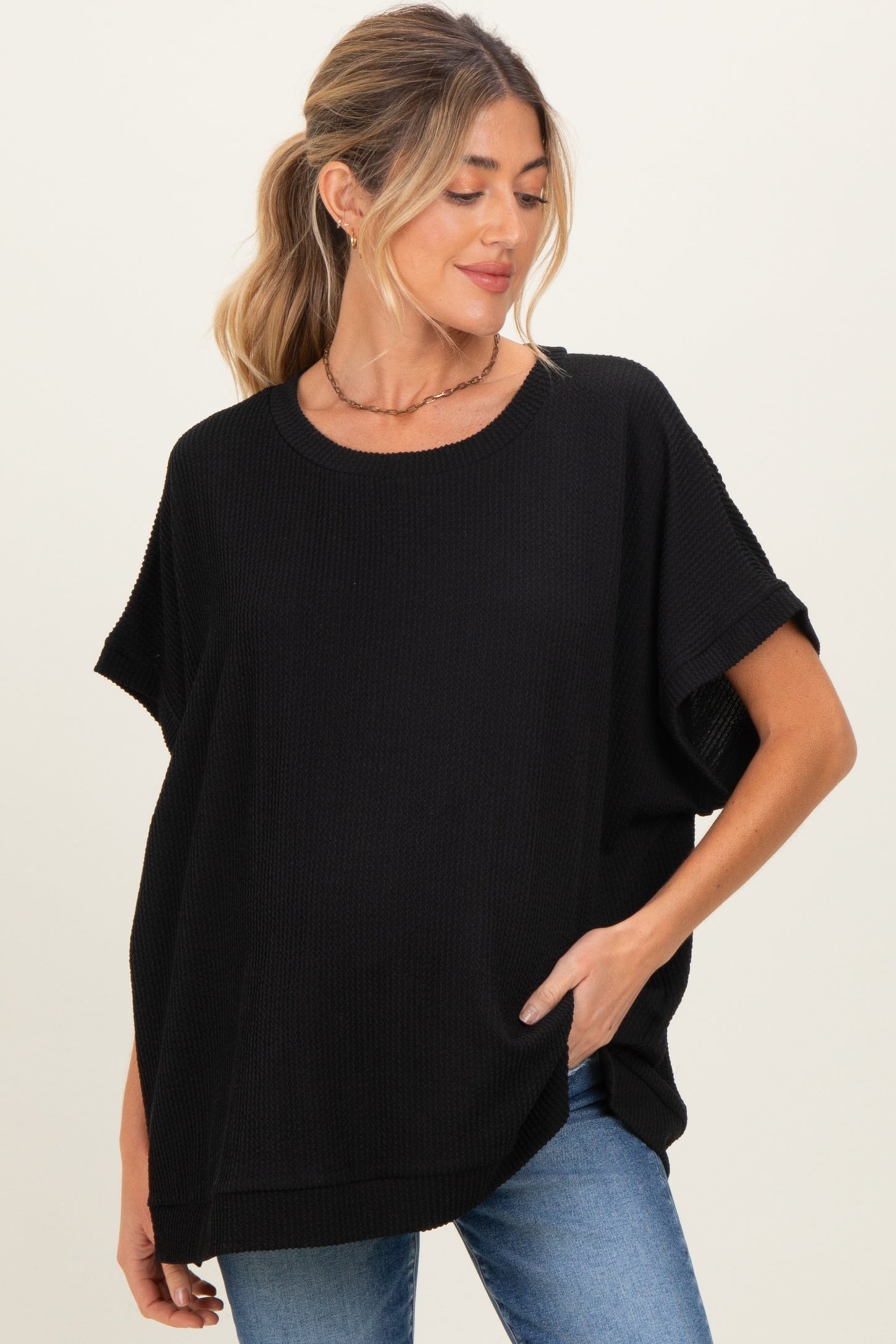 Black Solid Ribbed Short Sleeve Oversized Maternity Tunic Top