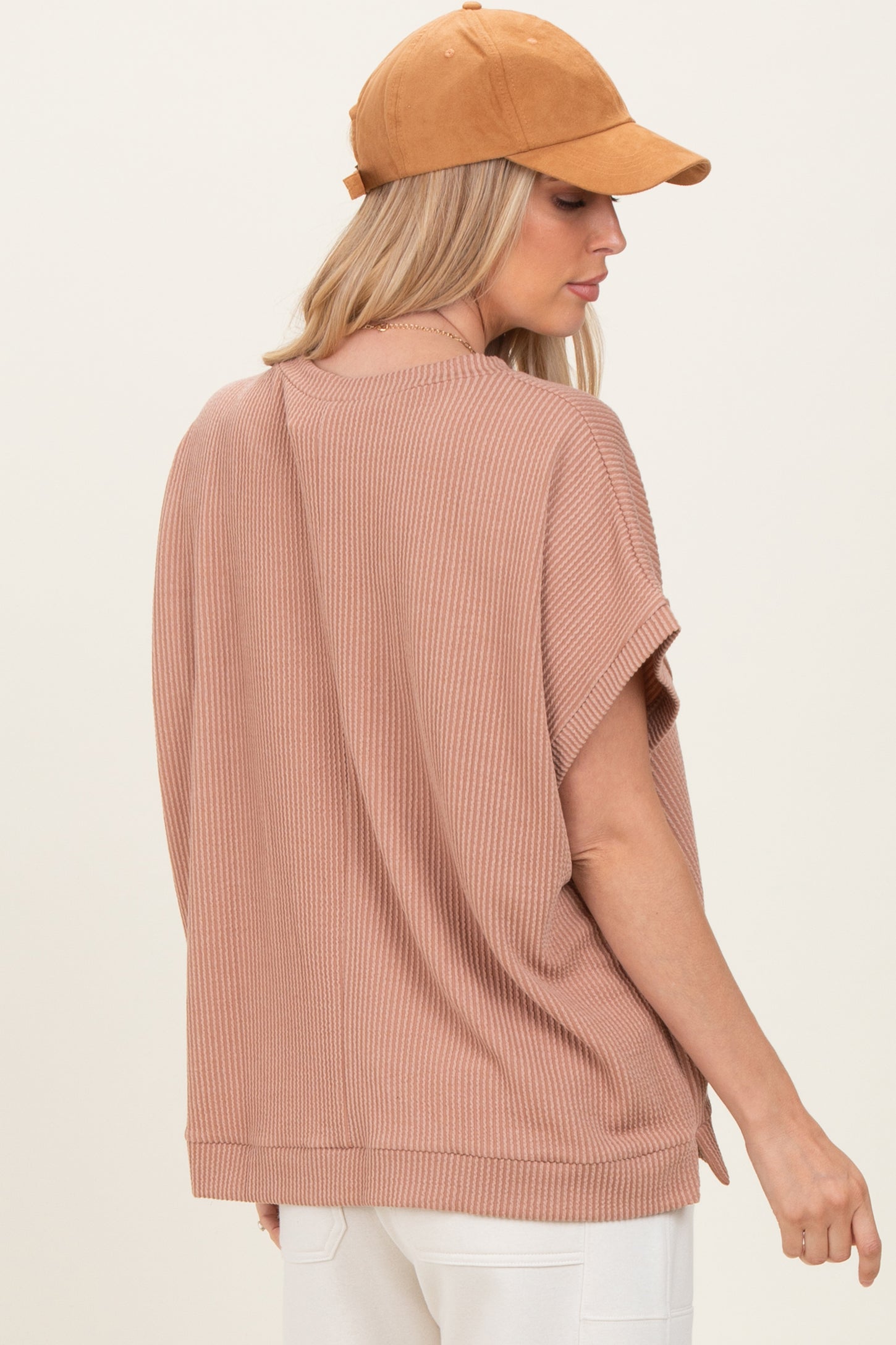 Brown Solid Ribbed Short Sleeve Oversized Tunic Top