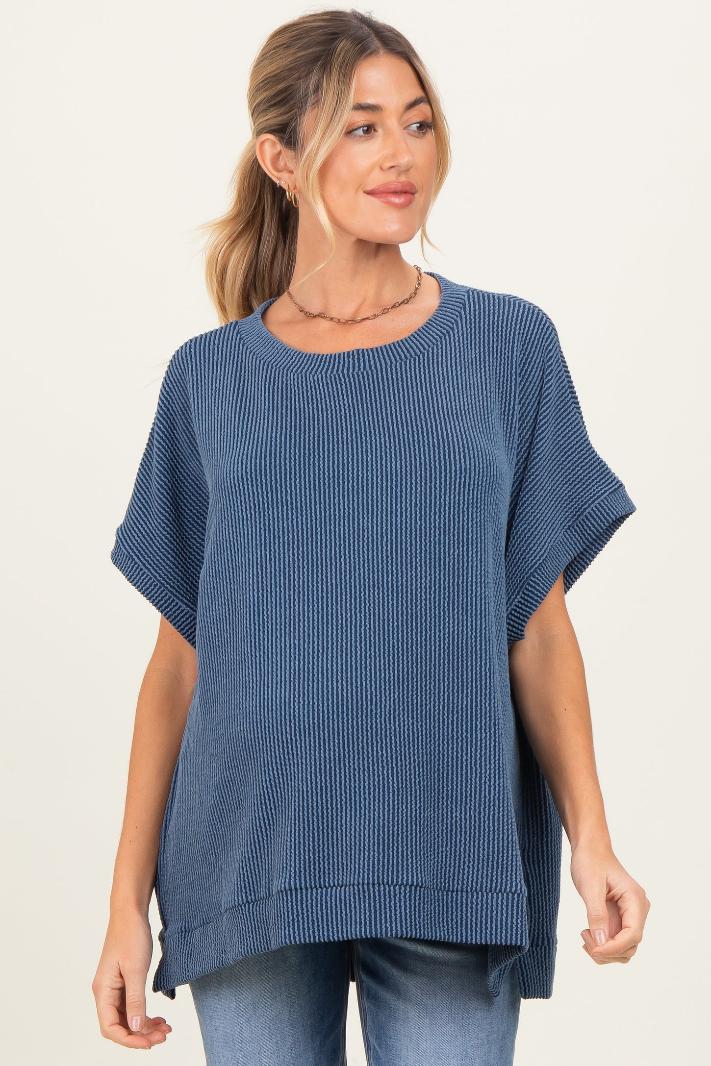 Blue Solid Ribbed Short Sleeve Oversized Maternity Tunic Top