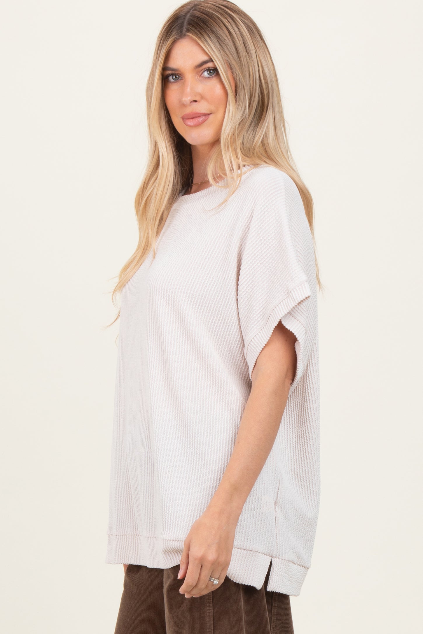 Cream Solid Ribbed Short Sleeve Oversized Tunic Top