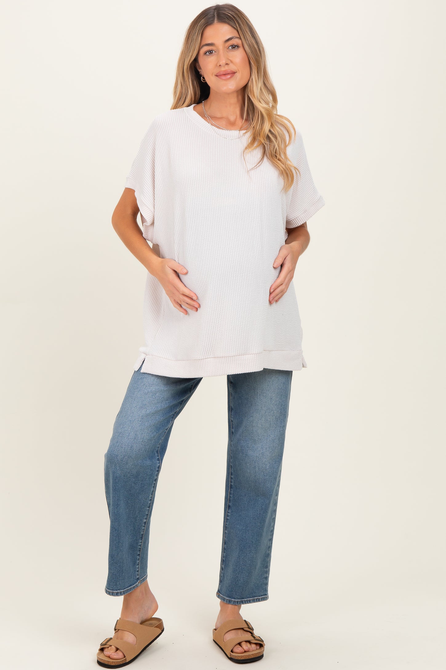 Cream Solid Ribbed Short Sleeve Oversized Maternity Tunic Top