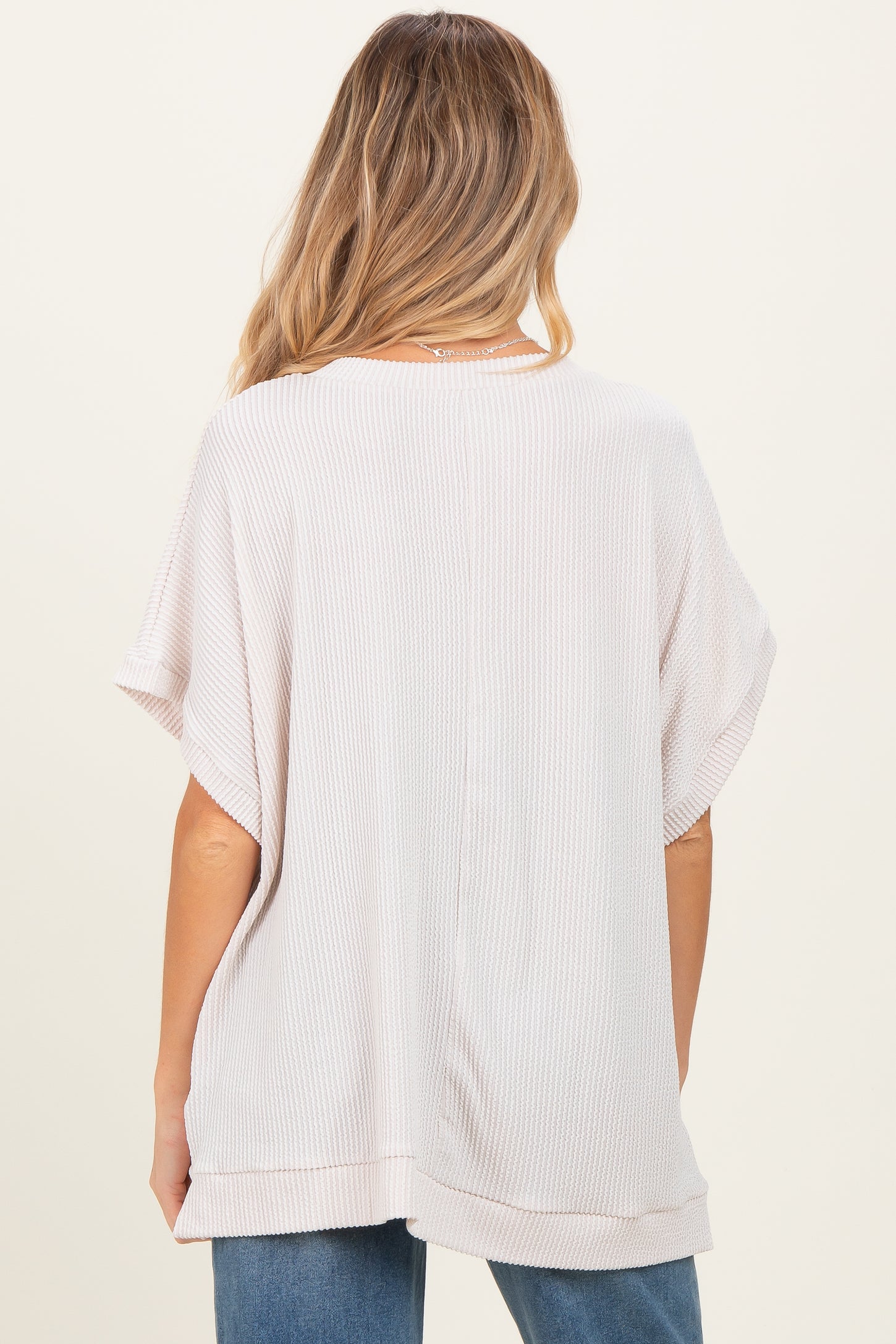 Cream Solid Ribbed Short Sleeve Oversized Maternity Tunic Top