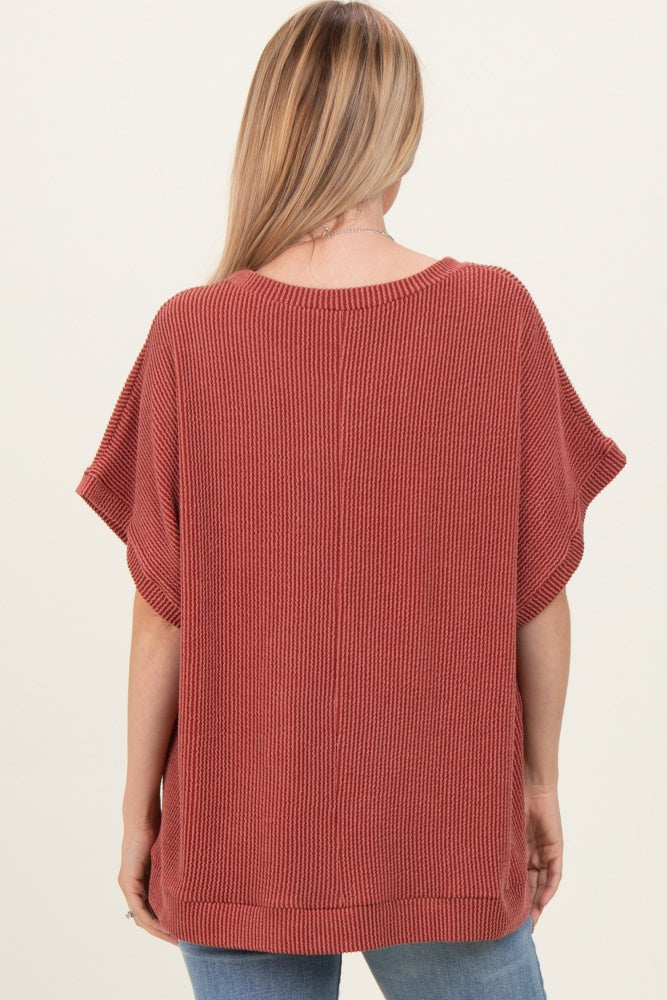 Rust Solid Ribbed Short Sleeve Oversized Tunic Top