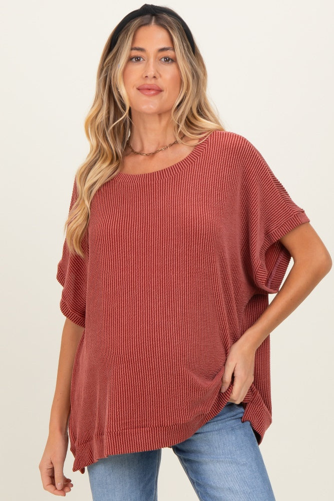 Rust Solid Ribbed Short Sleeve Oversized Maternity Tunic Top