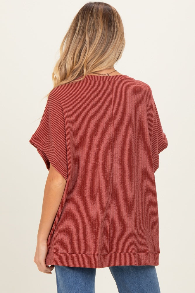 Rust Solid Ribbed Short Sleeve Oversized Maternity Tunic Top