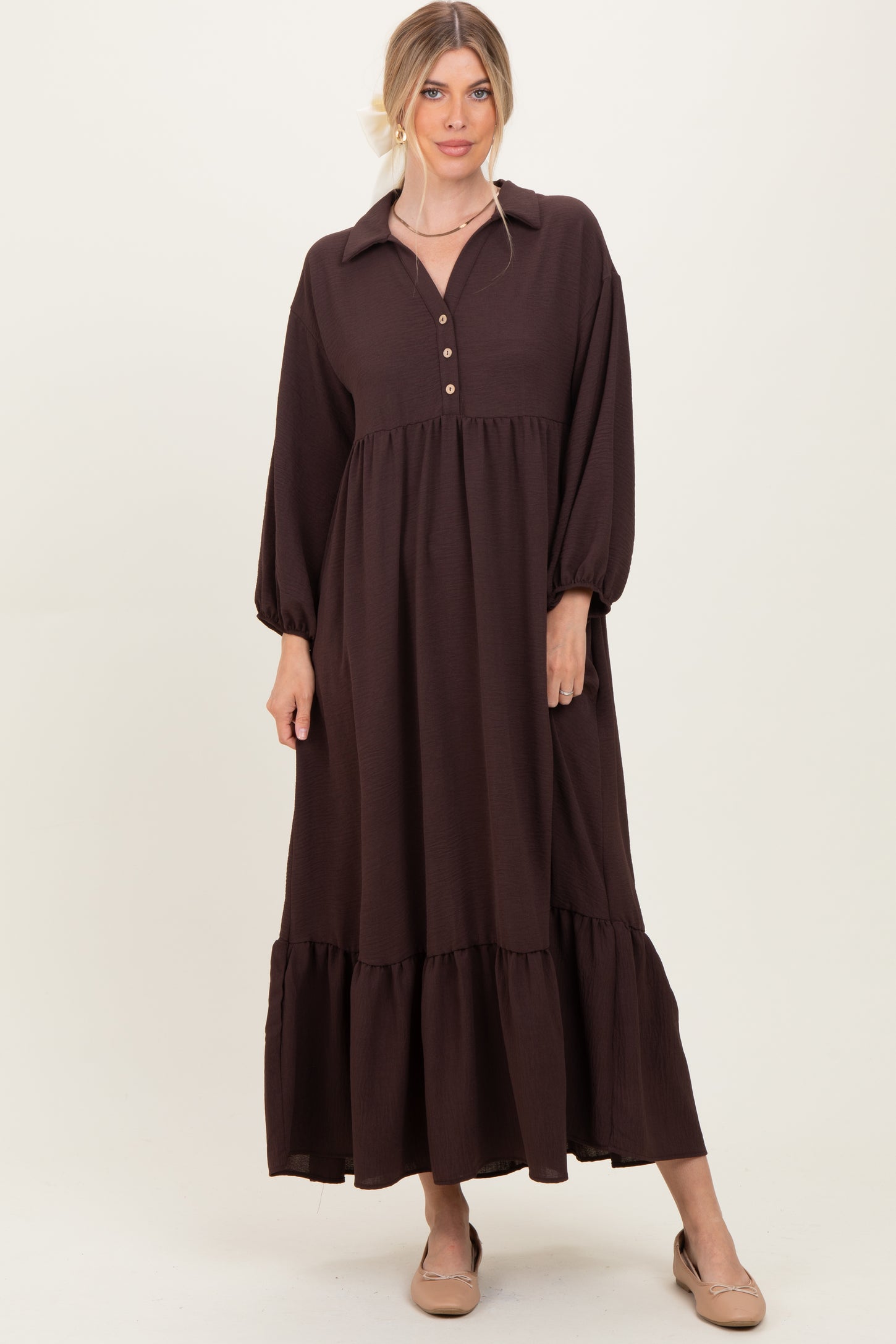Brown Solid Long Sleeve Button Down Tiered Collared Dress