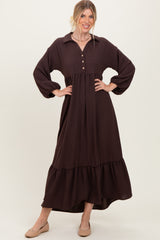 Brown Solid Long Sleeve Button Down Tiered Collared Dress