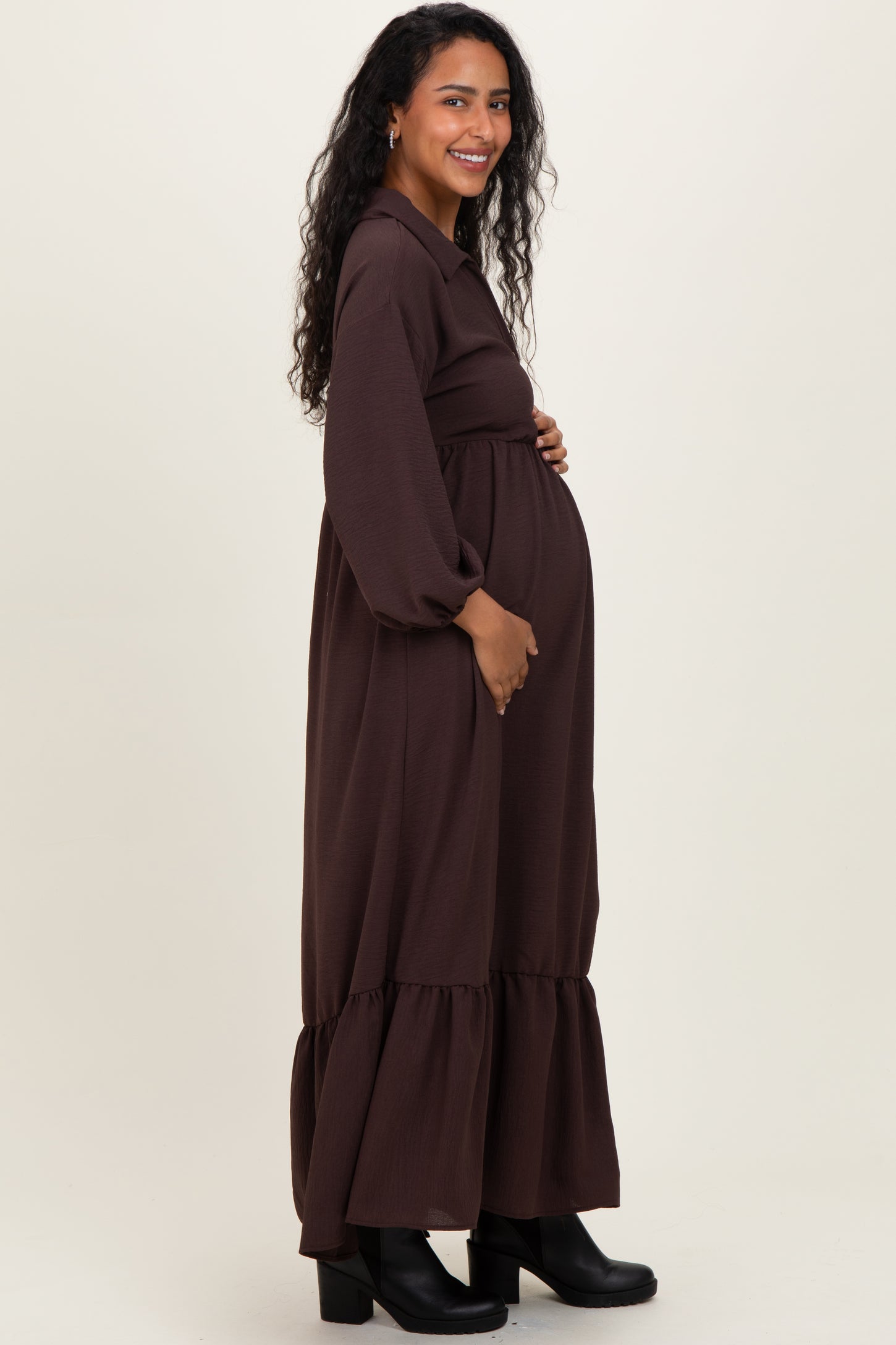 Brown Solid Long Sleeve Button Down Tiered Collared Maternity Dress