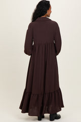 Brown Solid Long Sleeve Button Down Tiered Collared Maternity Dress