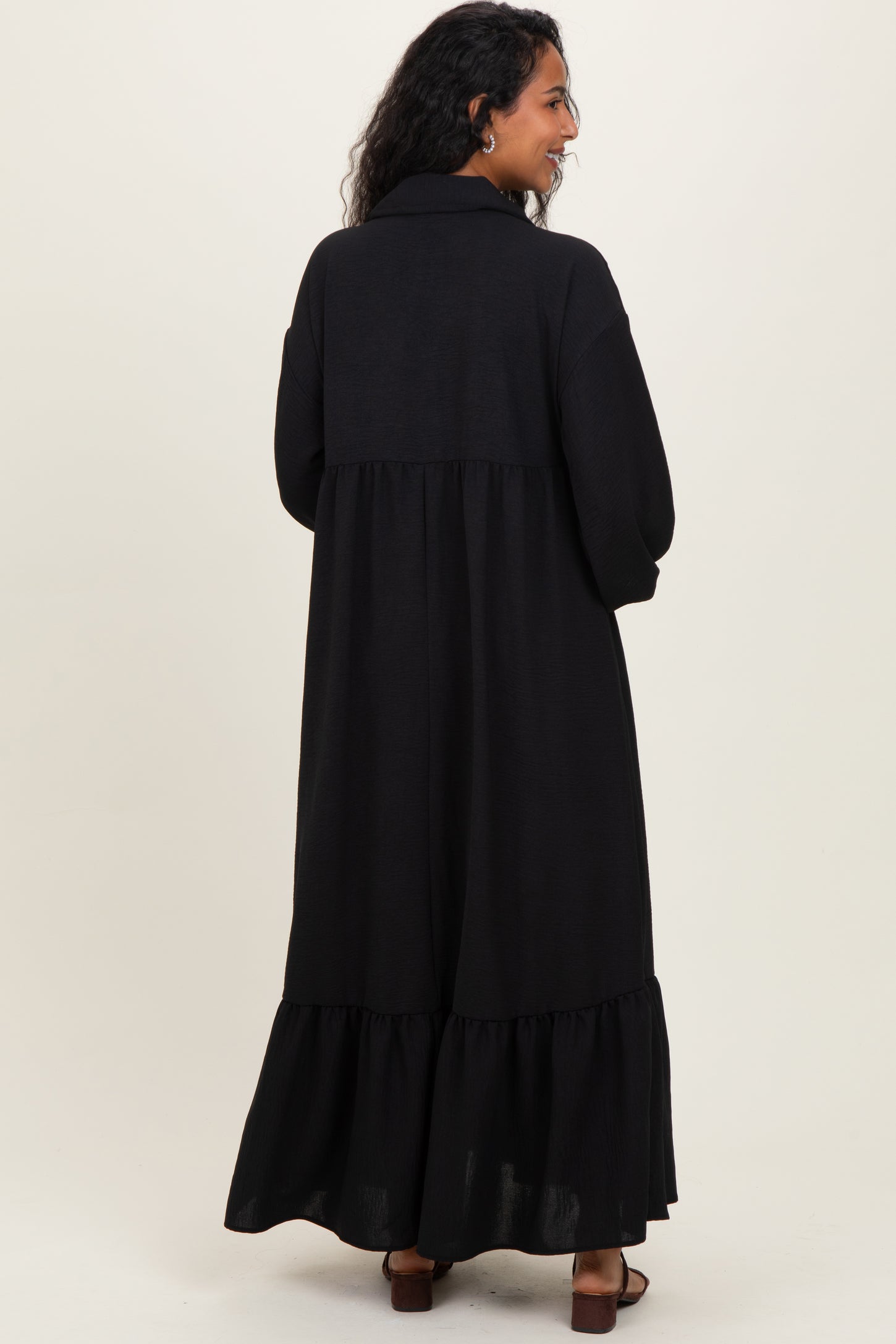 Black Solid Long Sleeve Button Down Tiered Collared Maternity Dress PinkBlush Black Solid Long Sleeve Button Down Tiered Collared Maternity Dress PinkBlush