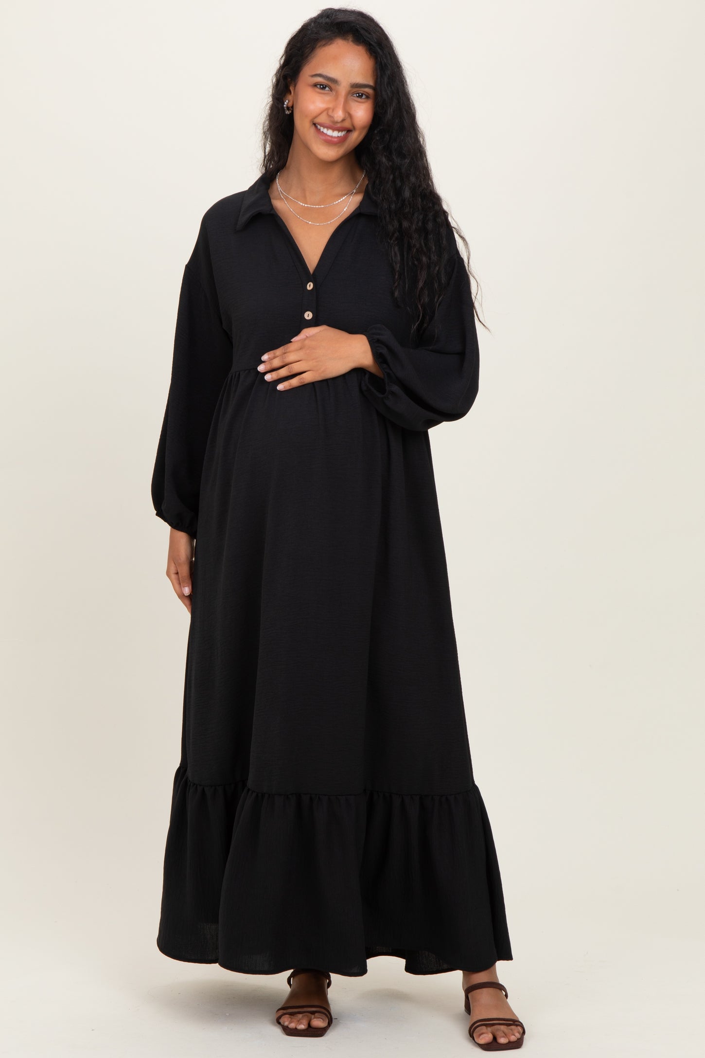 Black Solid Long Sleeve Button Down Tiered Collared Maternity Dress PinkBlush Black Solid Long Sleeve Button Down Tiered Collared Maternity Dress PinkBlush