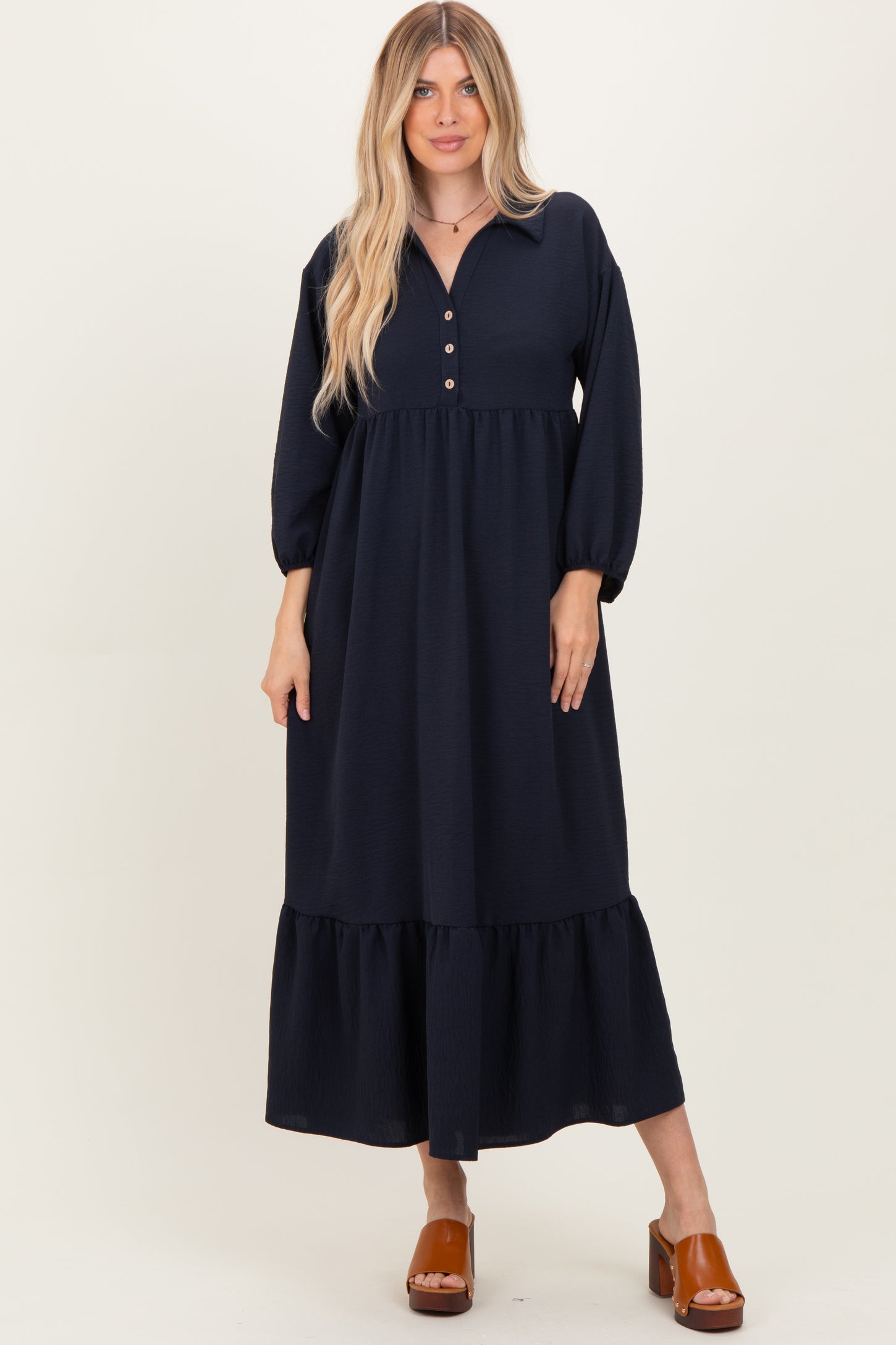 Navy Solid Long Sleeve Button Down Tiered Collared Dress