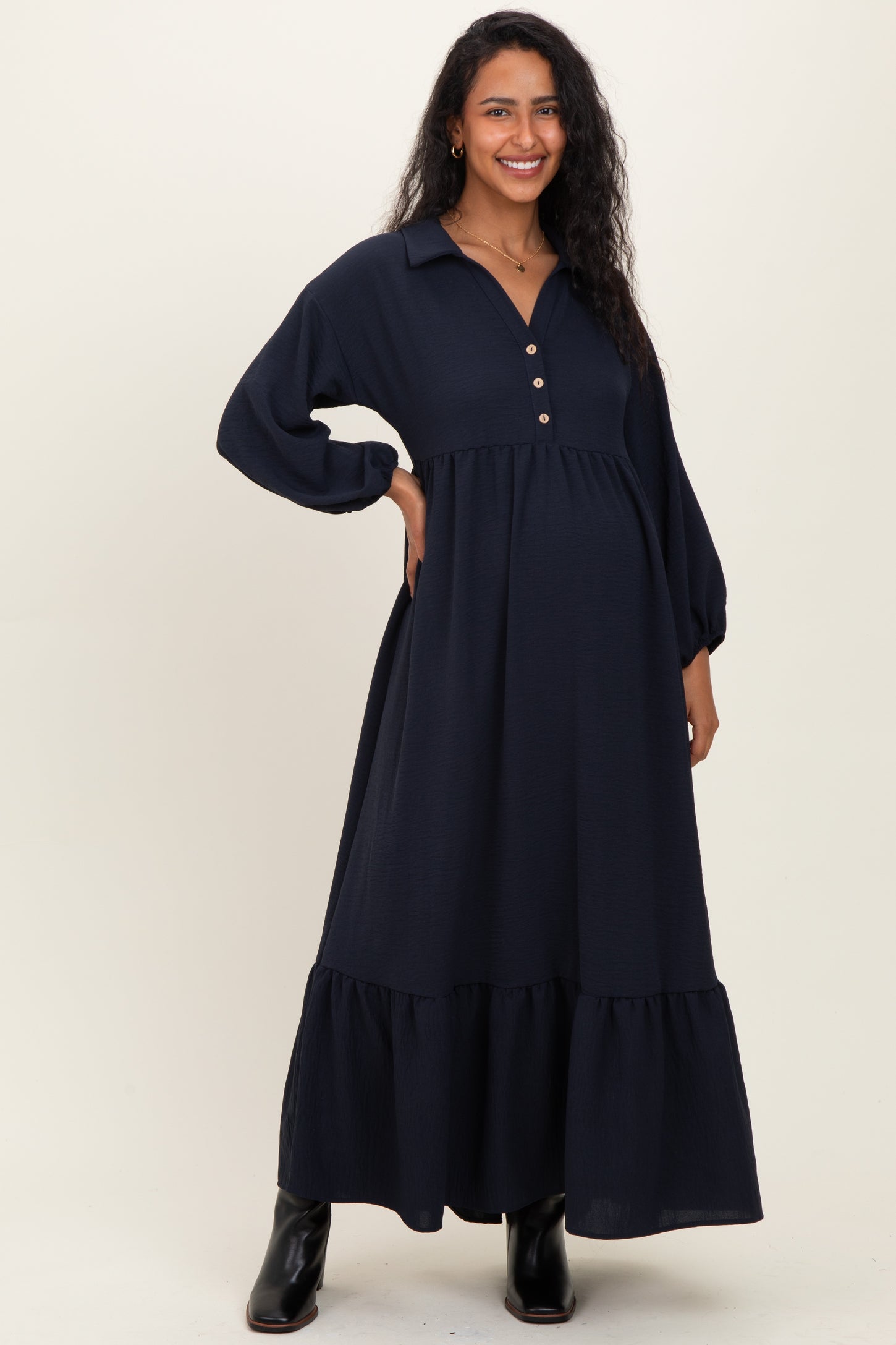 navy long sleeve maternity dress Monroe Maxi Dress with Long Sleeves in Dusty Navy- Bump Friendly X-Small