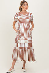Cream/Camel Striped Short Sleeve Tiered Maternity Maxi Dress