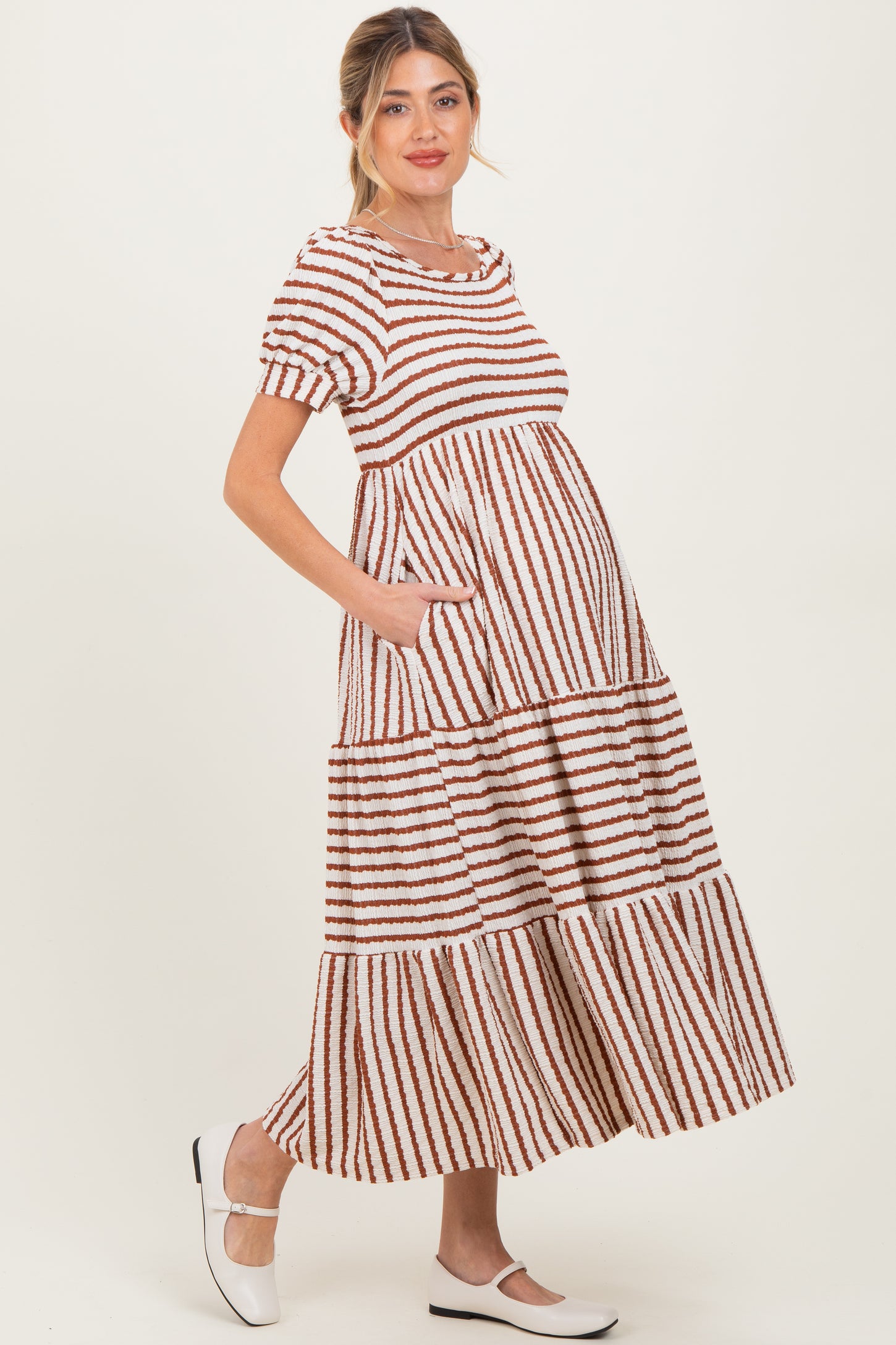 Cream/Camel Striped Short Sleeve Tiered Maternity Maxi Dress