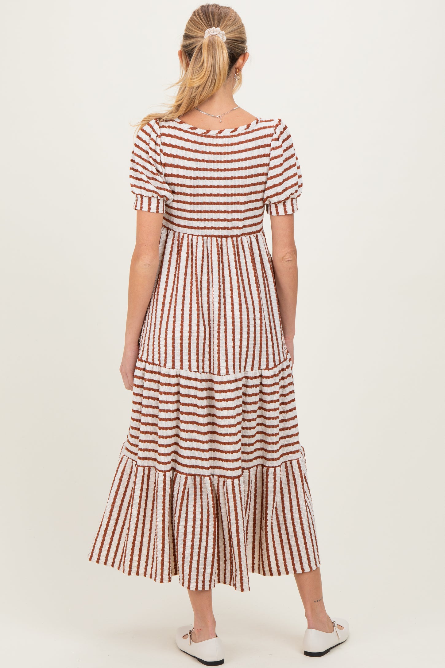 Cream/Camel Striped Short Sleeve Tiered Maternity Maxi Dress