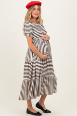 Cream/Olive Striped Short Sleeve Tiered Maternity Maxi Dress