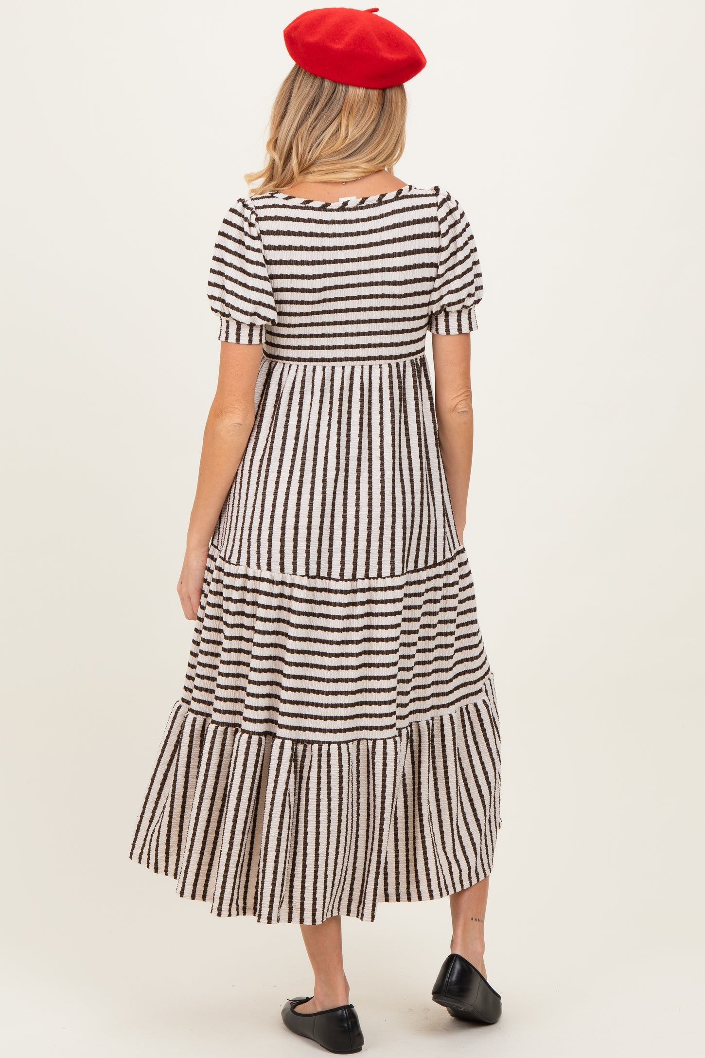Cream/Olive Striped Short Sleeve Tiered Maternity Maxi Dress