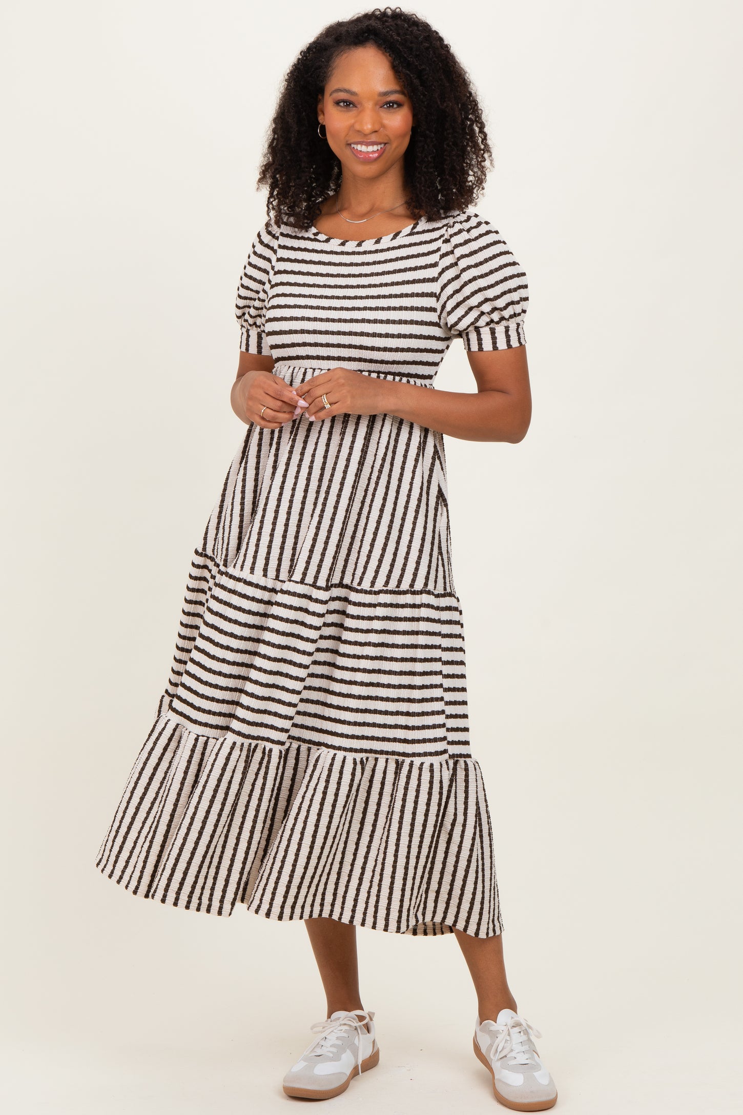 Cream/Olive Striped Short Sleeve Tiered Maternity Maxi Dress