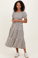 Cream/Olive Striped Short Sleeve Tiered Maternity Maxi Dress