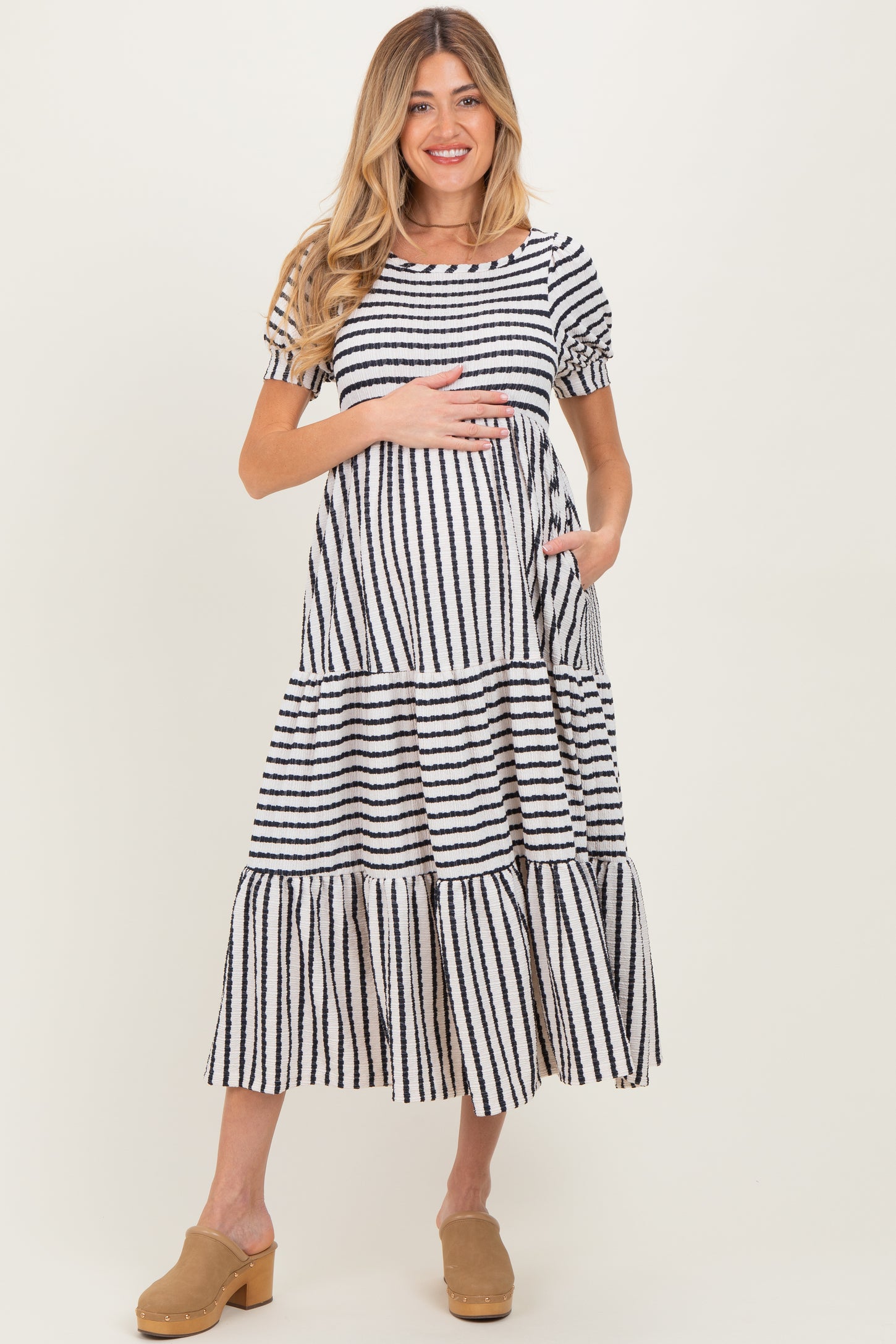 Cream/Navy Striped Short Sleeve Tiered Maternity Maxi Dress
