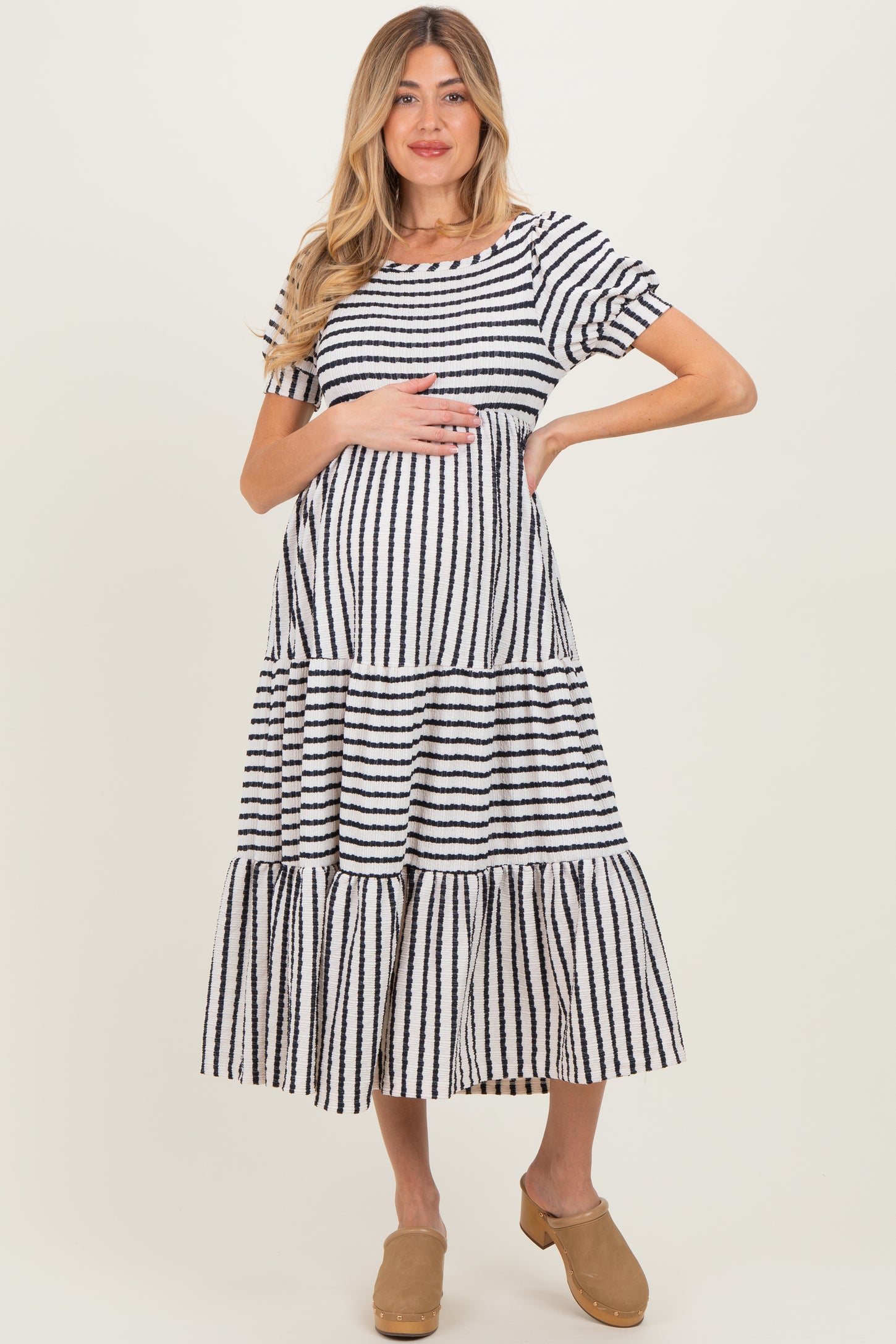 Cream/Navy Striped Short Sleeve Tiered Maternity Maxi Dress