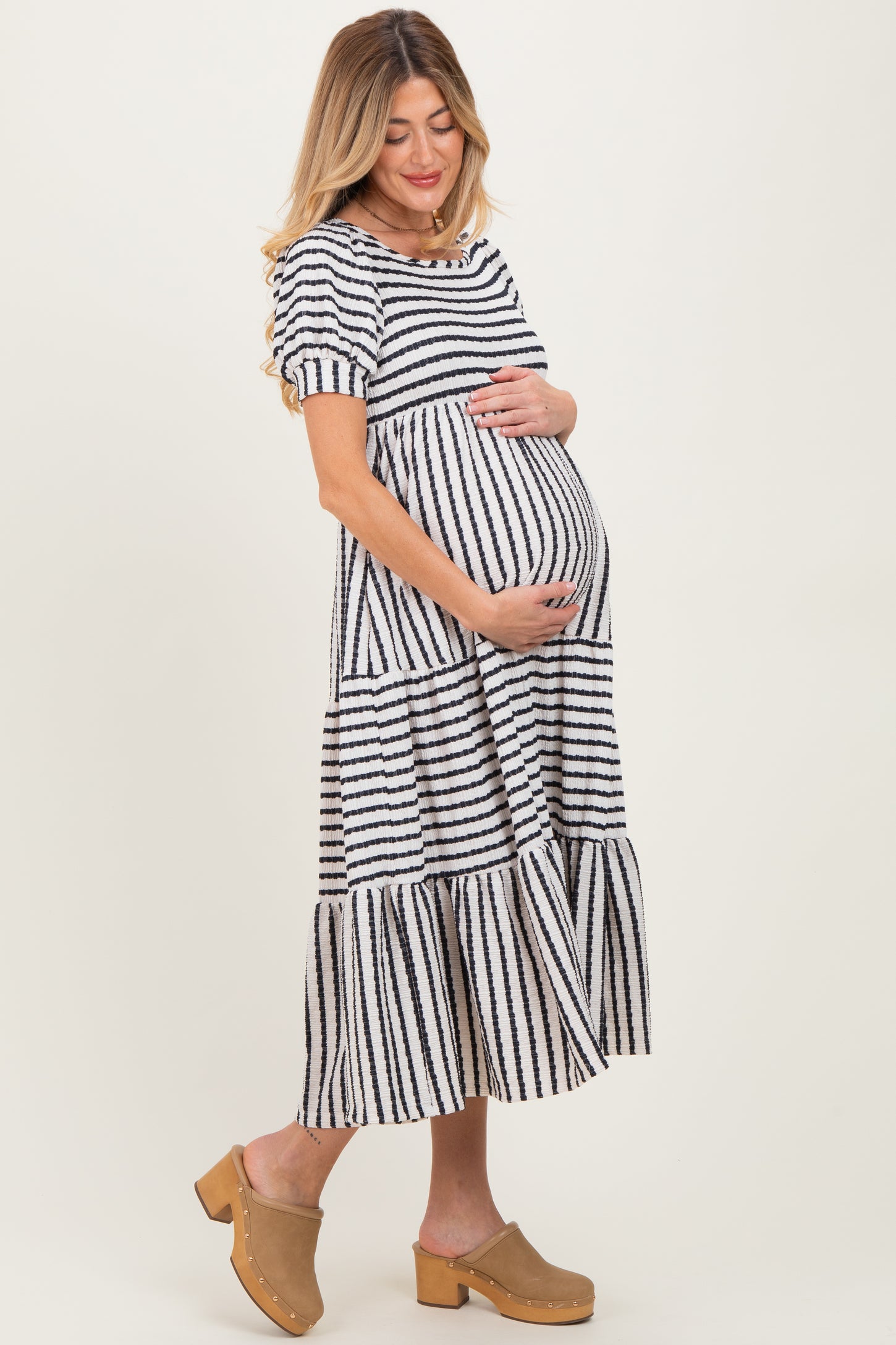 Cream/Navy Striped Short Sleeve Tiered Maternity Maxi Dress