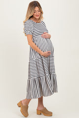 Cream/Navy Striped Short Sleeve Tiered Maternity Maxi Dress